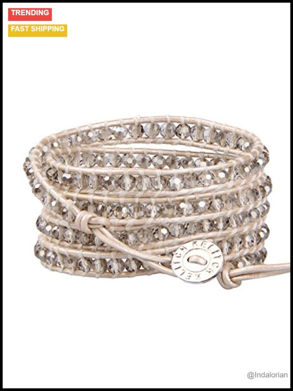 Gray Crystal Beaded 5 Wrap Bracelet Leather Womens